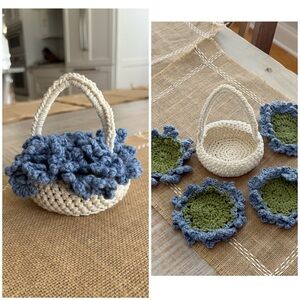 Handmade Crochet Flower Basket Coaster Set